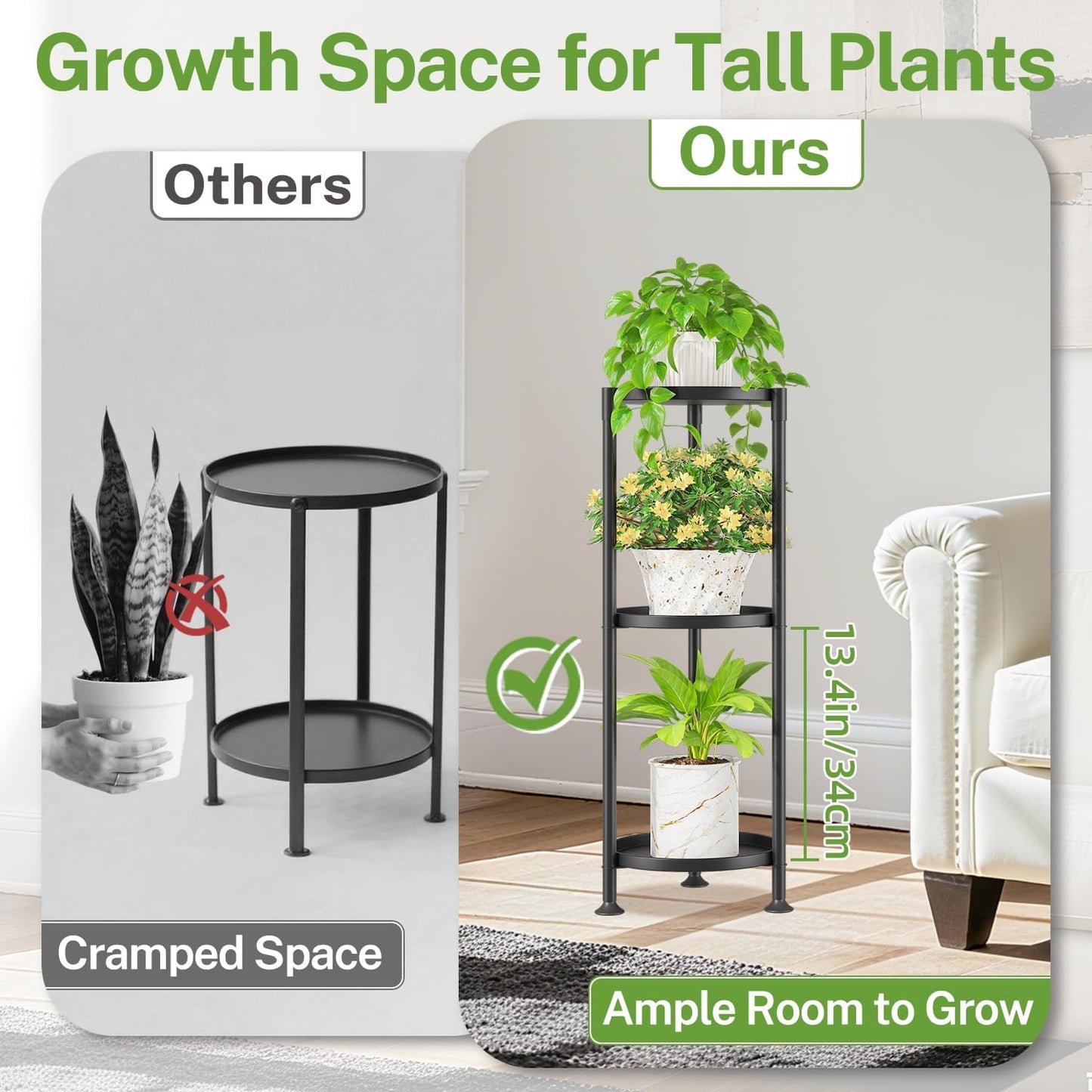 iDavosic.ly 3 Tier Plant Stand Indoor with 10 Inch Wide Tray, Vertical Corner Metal Outdoor Flower Display Holder Shelf, Folding Tall Rack for Patio Porch Living Room, Modern Black