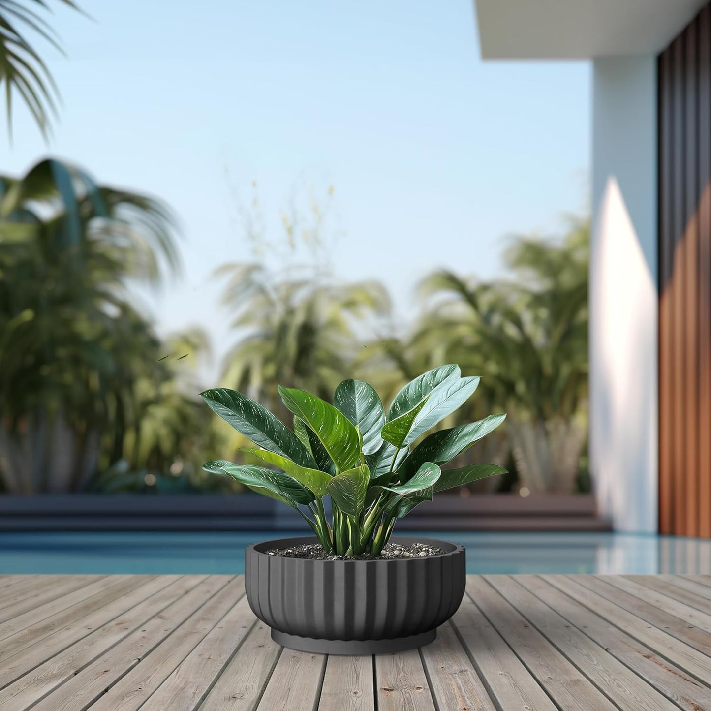 Kante Round Fulted Bowl Planter, 20.9 Inch Dia Large Concrete Flower Pots with Drainage Hole and Rubber Plug, Suitable for for Indoor Outdoor Plants, Home, Patio, Garden, Black