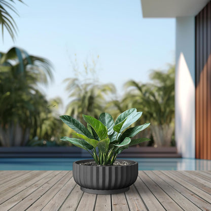 Kante Round Fulted Bowl Planter, 20.9 Inch Dia Large Concrete Flower Pots with Drainage Hole and Rubber Plug, Suitable for for Indoor Outdoor Plants, Home, Patio, Garden, Black