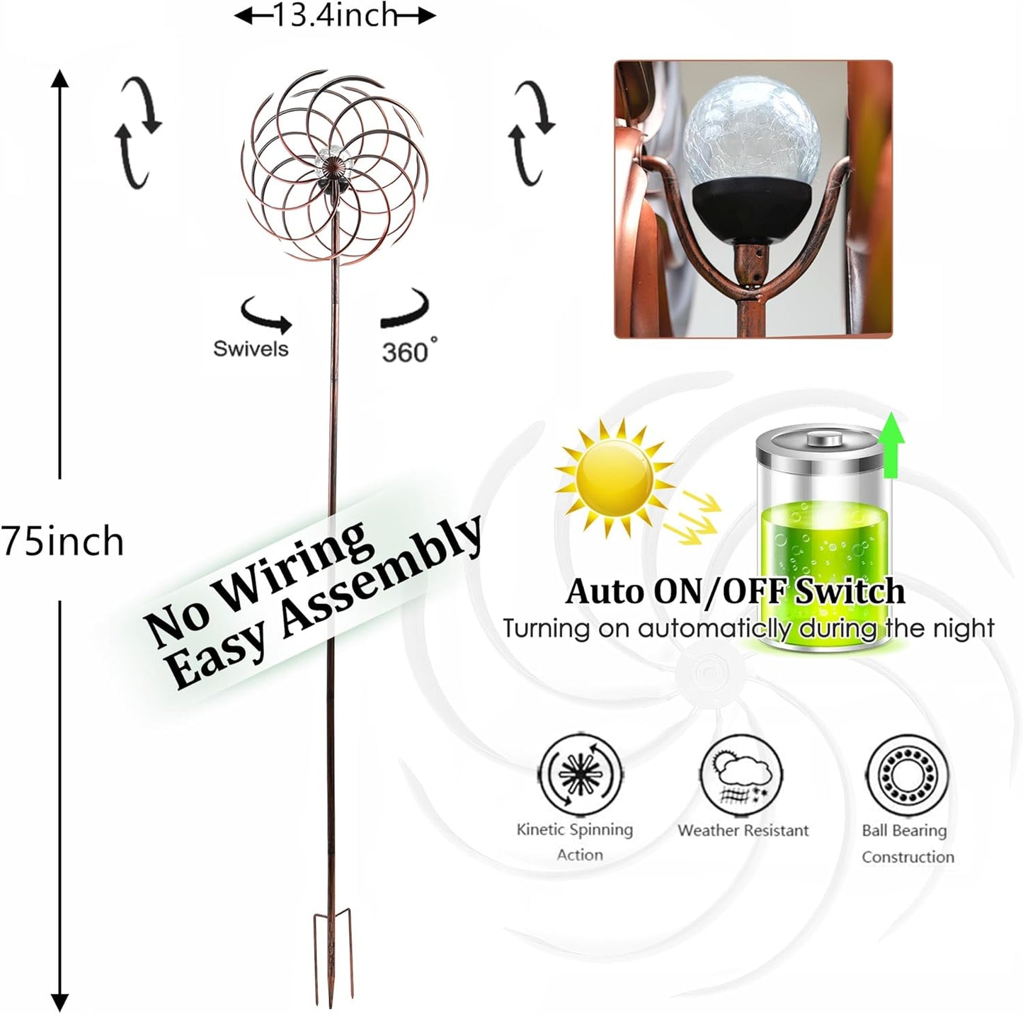 Solar Wind Spinner Improved 360 Degrees Swivel Warm White LED Lighting Glass Ball with Kinetic Wind Spinner Vertical Metal Sculpture Stake Construction for Outdoor Yard Lawn & Garden.