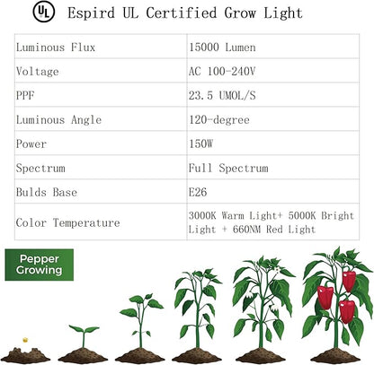 Espird Outdoor LED Grow Light with Timer, 6-Bulbs Full Spectrum Grow Light Strip, Waterproof Plant Lamps, UL Certified String Grow Lights for Greenhouse Garden, 21.3FT Light for Veg Seedling Flower