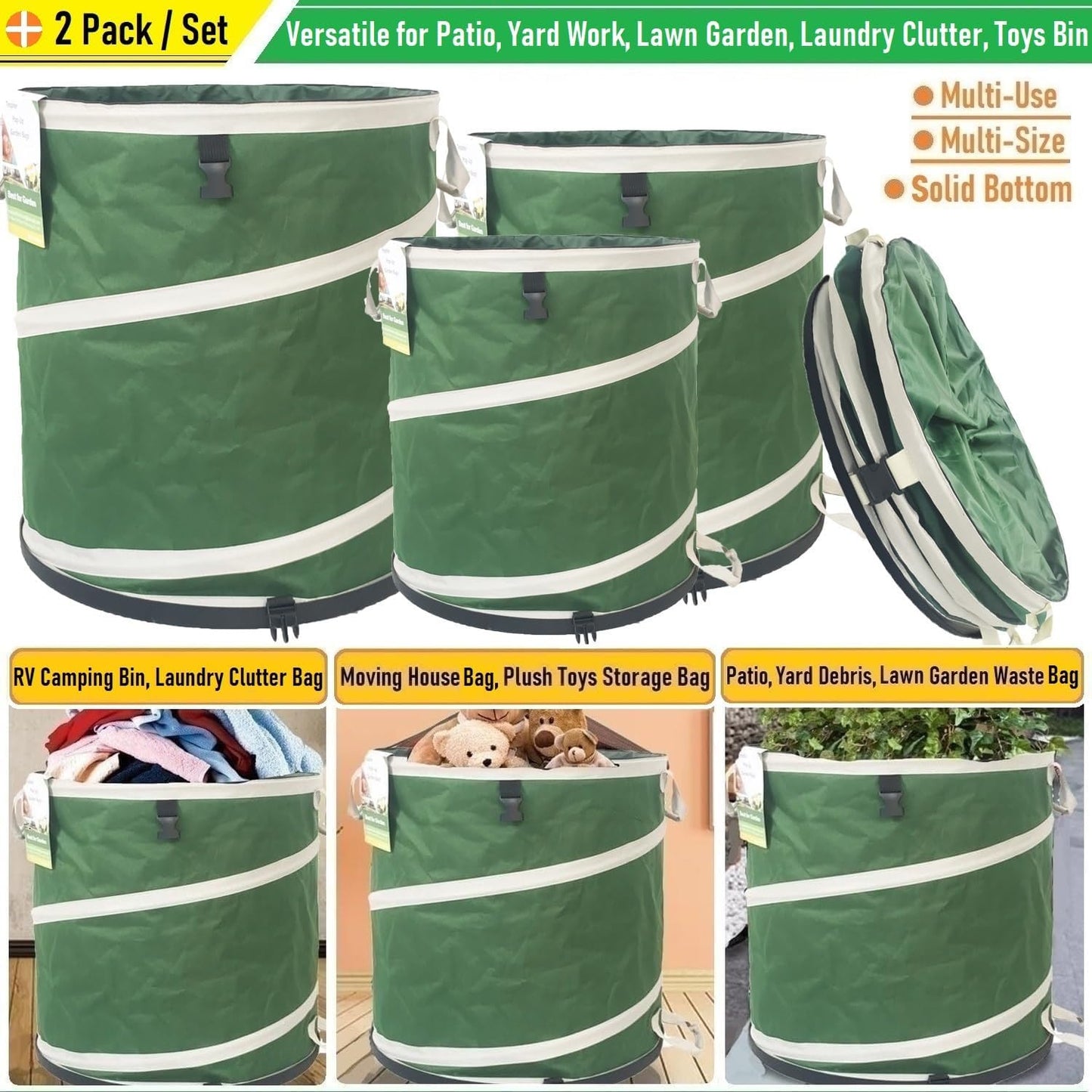 24 Gallon and 32 Gallon Collapsible Trash Can Solid Bottom for Garden Debris Bag,Yard Waste Bag,Pop-Up Trash Can,Recycling Bin,RV Camping Waste Bin,Laundry Hamper,Lawn Grass,Yard Weeds Bags,Leaf Bags