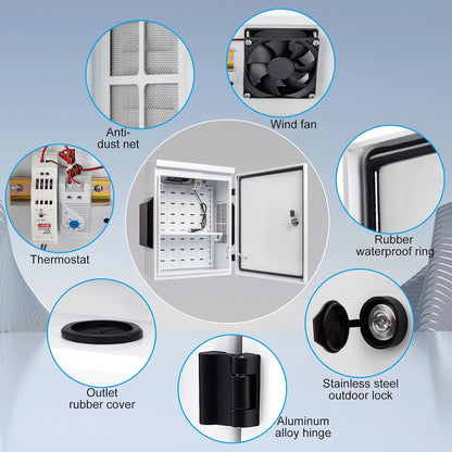 Outdoor Electrical Box with Thermostat and Fan, Cold-Rolled Steel Plate, Aluminum Alloy Back Beam, One-Piece Ventilation Design, IP65 Waterproof, Wall/Pole Mounted. (19.6" x 15.7" x 7.9")