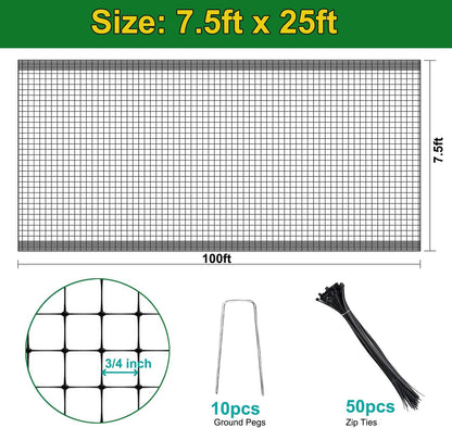 KLEWEE Bird Netting, 7.5 x 25 FT Heavy Plastic Duty Garden Netting to Protect Fruit Trees, Plants and Vegetables Against Birds, Deer, Squirrels and Other Animals