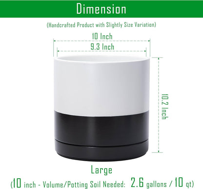 D'vine Dev 10 Inch Ceramic Planter Pot with Drainage Hole and Saucer, Indoor Cylinder Round Planter Pot, Layered Monochrome Black & White, 94-O-E-L