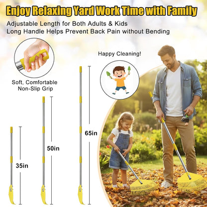Plastic Leaf Rake for Lawns - Fast 16.5'' Wide Heavy Duty Yard Rakes for Leaves, Grass & Pine Needles, Non-Clog Garden Rake,Adjustable 1'' Steel Handle (35''-65'') Portable for Women,Seniors,Kids