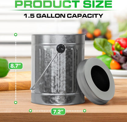 Plexon Countertop Compost Bin Kitchen Indoor, with Lid, Silver 1.5 Gallon Odorless Kitchen Compost Container, Steel Food Bucket Pail with Charcoal Filter, Silver