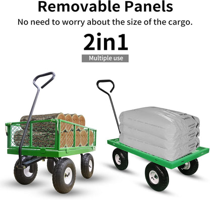 AAIN 400 lbs Metal Garden Cart,Heavy Duty Garden Wagon with Removable Steel Mesh Sides, Utility Yard Cart with 180° Rotating Handle and 10-inch Wheels—Perfect for Gardens, Farms, and Yards, Green