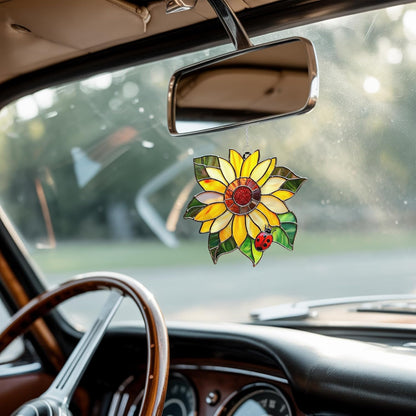 Ladybug Sunflower Acrylic Suncatcher Stained Glass Effect Window Car Hanging Christmas Ornament Indoor Outdoor Decor Garden Sun Catcher Panel for Sunflower Lover for Women Mom Grandma