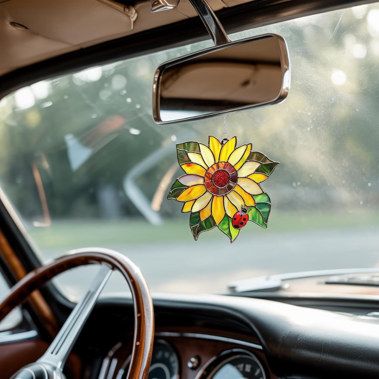 Ladybug Sunflower Acrylic Suncatcher Stained Glass Effect Window Car Hanging Christmas Ornament Indoor Outdoor Decor Garden Sun Catcher Panel for Sunflower Lover for Women Mom Grandma