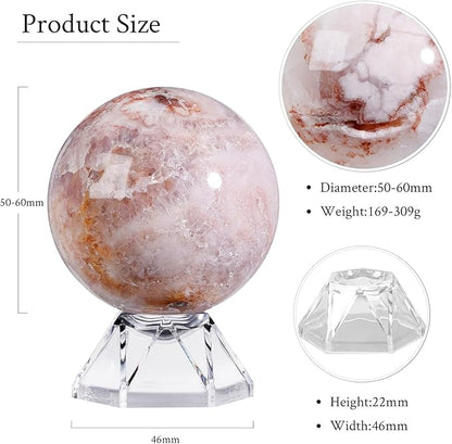 Natural Cherry Blossom Agate Crystal Ball with Acrylic Display Base, 50-60mm Polished Stone Feng Shui Crystal Sphere Meditation Decoration for Home & Office