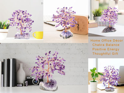 Natural Amethyst Crystal Tree of Life with Amethyst Geode Cluster,Bonsai Feng Shui Money Tree,Chakra Balance Healing Crystals Positive Energy Gift 5.5"-6.3"