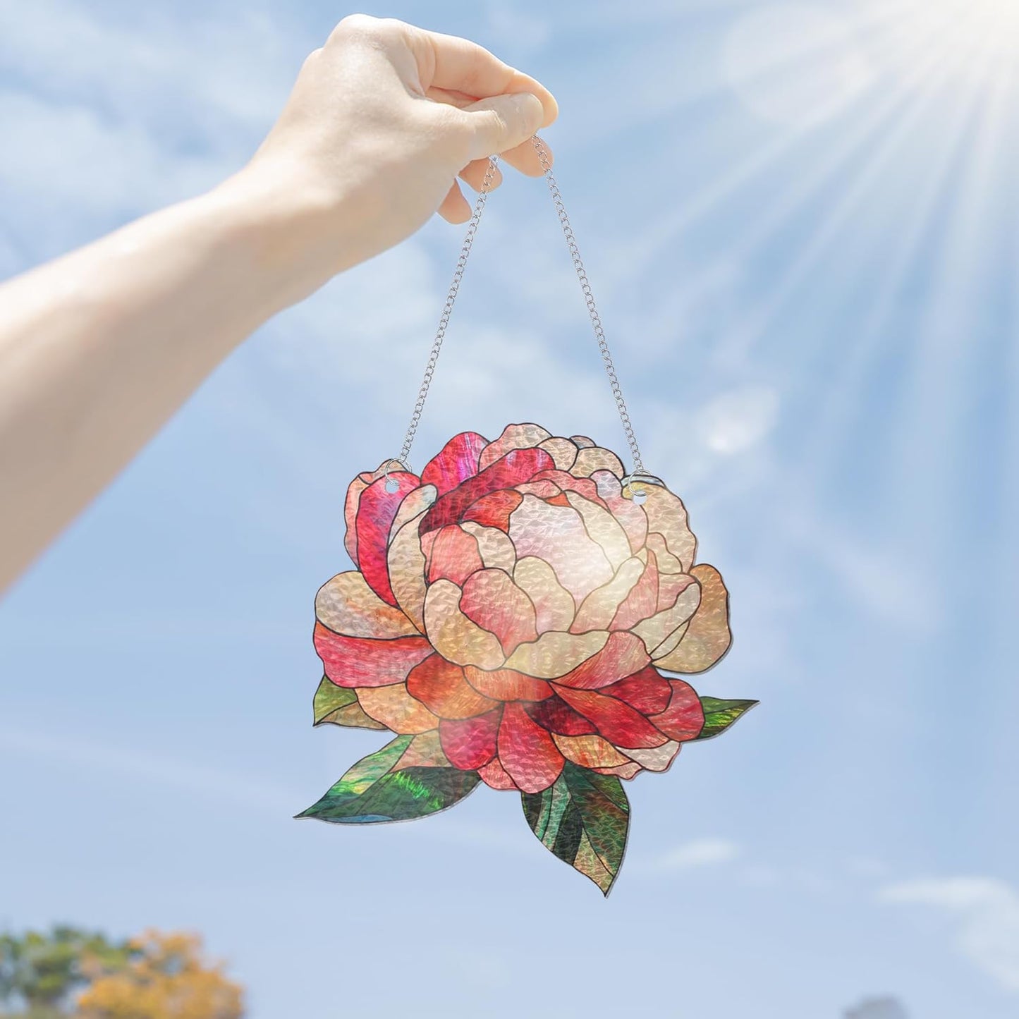 FLAGWIX Christmas Peony Flowers Gifts for Grandma - Stained Glass Window Hanging 8 in - Birthday Gifts for Women Mom, Grandma Gift, Peony Sun Catchers Indoor Window, Suncatchers Christmas Decorations