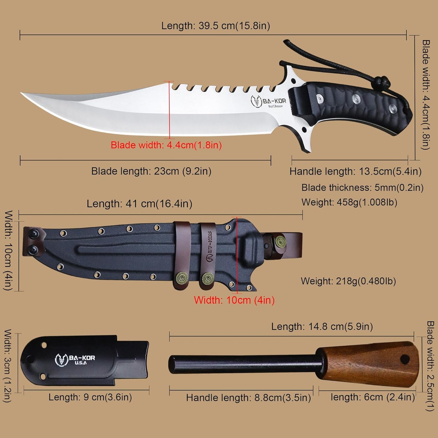 BA-KOR (15.8 inches) 5mm full Tang 9CR18MOV steel nylon fiber handle Bowie knife + sheath + (5.9 inches) cerium element striker, suitable for outdoor hunting, camping, survival, and daily carry of tools. (Sanding (full edge))