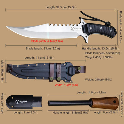 BA-KOR (15.8 inches) 5mm full Tang 9CR18MOV steel nylon fiber handle Bowie knife + sheath + (5.9 inches) cerium element striker, suitable for outdoor hunting, camping, survival, and daily carry of tools. (Sanding (full edge))