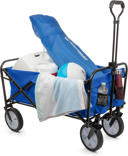 Collapsible Wagon - Grocery Cart on Wheels - Portable Beach Wagon, Folding Garden Trolley or Shopping Cart - Wagons Carts Foldable by Pure Garden (Blue)