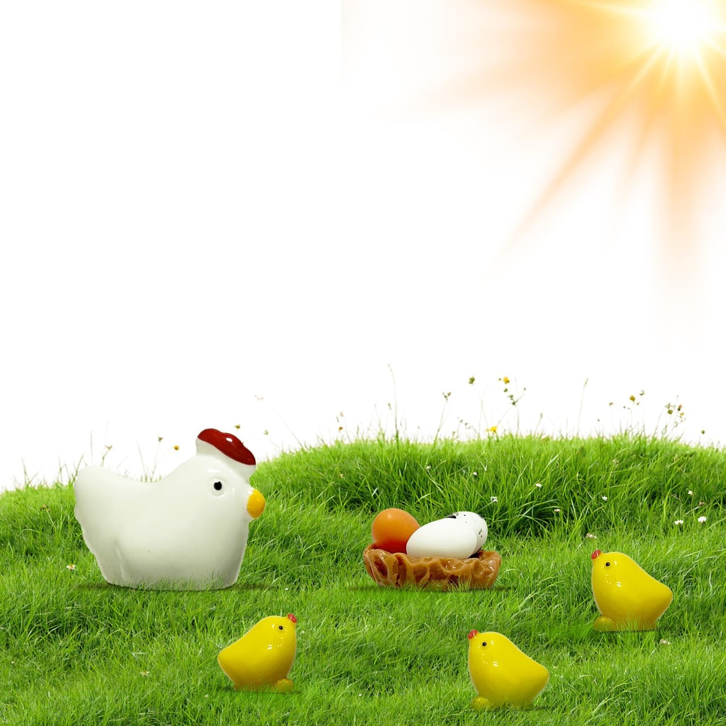 Tiny Chicken Family Scene Rooster, Hen, Chick, Egg, and Nest - Perfect for Fairy Garden or Miniature Displays