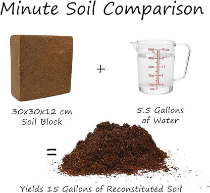 Minute Soil Plus Block - Amended Compressed Coco Coir Fiber Grow Medium - 1 Block = 15 Gallons of Potting Soil (~Wheel Barrow Full) - Enough NPK Added Nutrients to Feed Plants for 1 Season