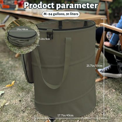 Pop up Camping Trash can with lid,Collapsible 24 Gallons Trash can with Sorting Clips,Garden Garbage Bag with Lid,Lawn and Leaf Bags - Reusable Yard Waste Bags (Green)