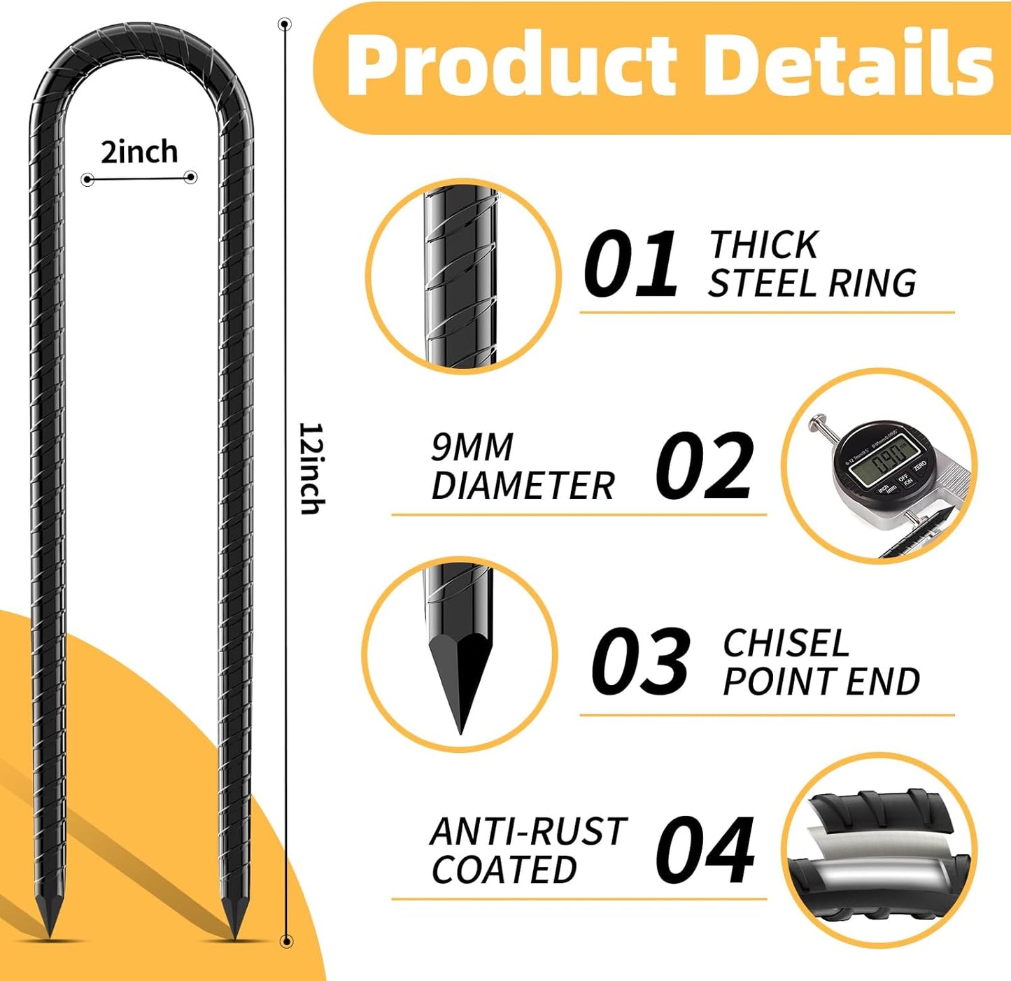 12inch Rebar Stakes, 8 Pack U Hook Ground Anchors, Heavy Duty Rust Proof Coated Steel Ground Stakes Ground Anchors, Garden Stake Metal Stake Tent Stake Trampoline Anchors Trampoline (Black)