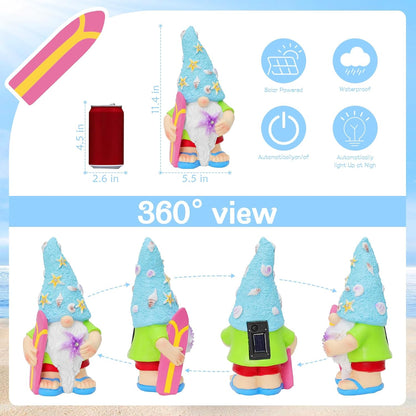 Womens Gifts Solar Garden Outdoor Statues Gnome with Surfboard and 5 LED Lights - Unique Housewarming Gifts Lawn Decor Statue for Patio, Balcony, Yard Ornament