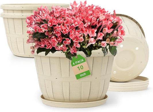 Quarut 10 inch Plastic Flower Pots for Indoor Plants，4 Pack Large Outdoor Planter Pot with Drainage Holes & Saucers，Imitation Wine Barrel Design，for Indoor Outdoor Garden Plants（Beige）