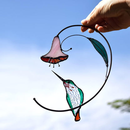 Lolitarcrafts Hummingbird with Flower Stained Glass Suncatcher Bird Stained Glass Window Hangings Hummingbird Gift for Home Decor (Green)