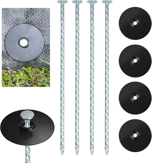 8 Inch Heavy Duty Landscape Stakes with Gasket Caps - 100 Sets Galvanized Spiral Garden Spikes Kit for Securing Weed Barrier Fabric, Artificial Turf, Tent and More