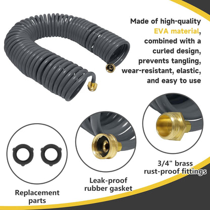 Coil Hose,3/8" EVA Coil Garden Hose 25 FT,Curly Water Hose Lightweight with Brass Connectors,Recoil Garden Hose Includes 8-Pattern Spray Nozzle for Boat, Yard, Patio, Green