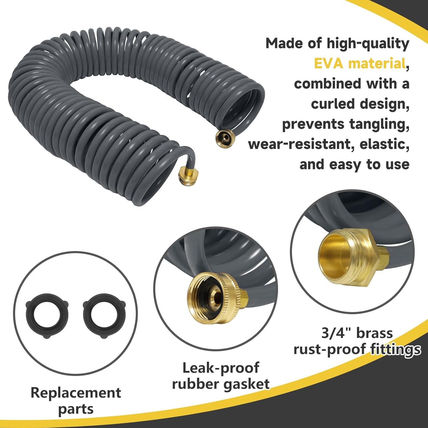 Coil Hose,3/8" EVA Coil Garden Hose 50 FT,Curly Water Hose Lightweight with Brass Connectors,Recoil Garden Hose Includes 8-Pattern Spray Nozzle for Boat, Yard, Patio, Green