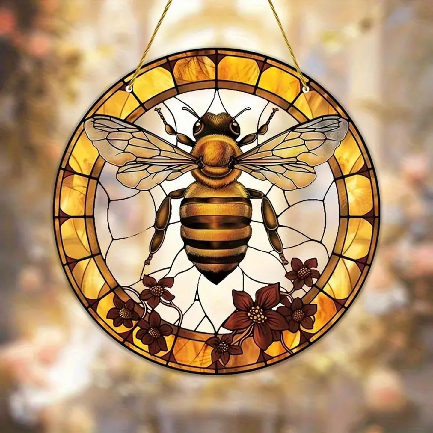 7.9inch Bee Suncatcher for Window Hanging,Floral Acrylic Suncatcher with Chain Window Decor for Home,Indoor, Garden, Housewarming Round Ornament, Gift for Women Friend