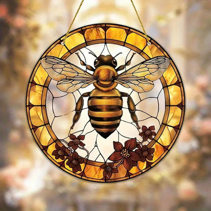7.9inch Bee Suncatcher for Window Hanging,Floral Acrylic Suncatcher with Chain Window Decor for Home,Indoor, Garden, Housewarming Round Ornament, Gift for Women Friend