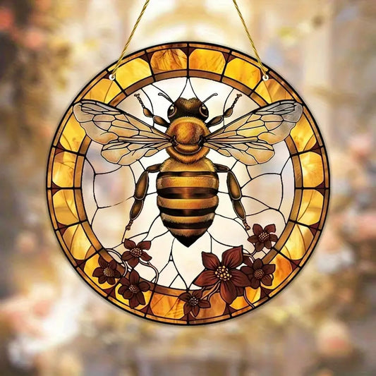 7.9inch Bee Suncatcher for Window Hanging,Floral Acrylic Suncatcher with Chain Window Decor for Home,Indoor, Garden, Housewarming Round Ornament, Gift for Women Friend