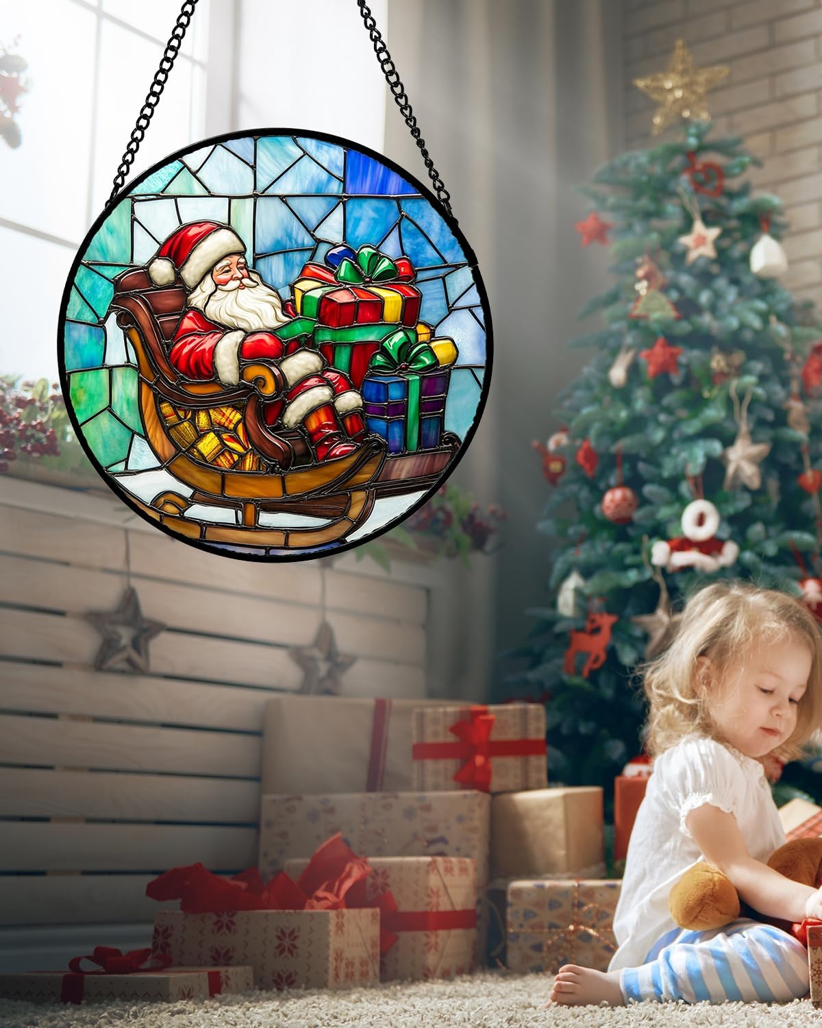 Stained Glass Window Hanging - Santa Claus Gift BoxSuncatcher for Doors Home Christmas Decoration Winter Sun Catcher Thanksgiving New Year Birthday Gift for Women Men Mom Nana 11.8 in