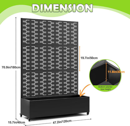15.7"×70.9"×47.2" Metal Raised Garden Bed with Trellis and Wheels - Tall Trellis Planter Box for Climbing Plants, Vegetables & Vines - Outdoor Privacy Planters for Patio (Black-Brick)