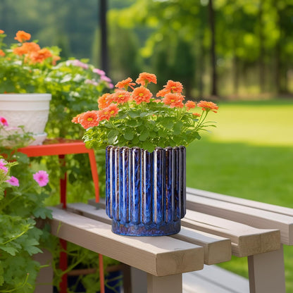 Ceramic Pots for Plants - 7.6 Inch Plant Pots Indoor with Drainage Hole, Fluted Round Ceramic Planter Outdoor, Modern Flower Planter, Home Office Living Room Decor, Garden Gifts, Blue