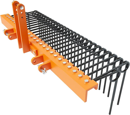 72" Durable Powder Coated Steel Pine Straw Rake, Steel Spring Landscape Rake for Leaves, Pine Needles, Straw, and Grass Attaches to Cat 0 Cat 1,3 Point Hitch Tractor, Yellow