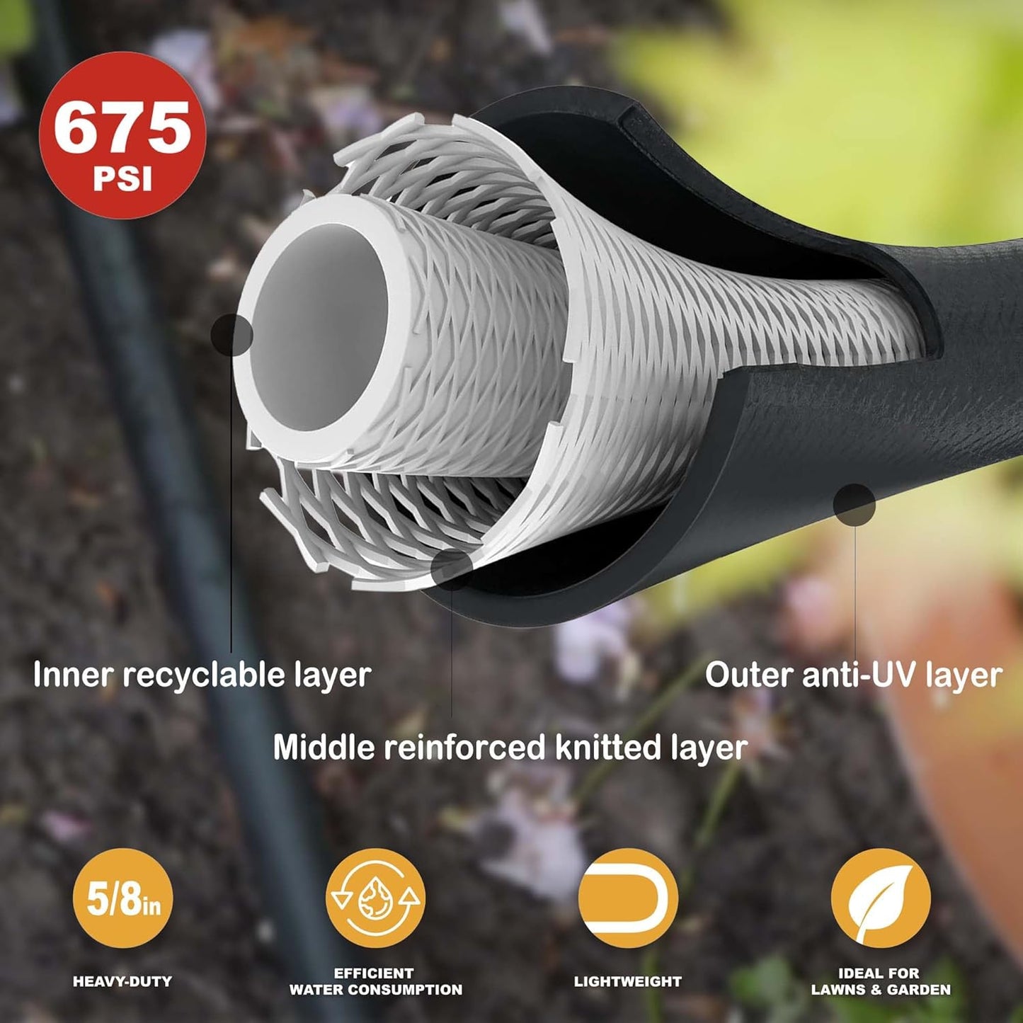 Hybrid Garden Hose 50FT - 5/8" Durable Sturdy and Functional Rubber Hose with Brass Fittings - UV Resistant Leak Proof for Large Gardens and Outdoor Use