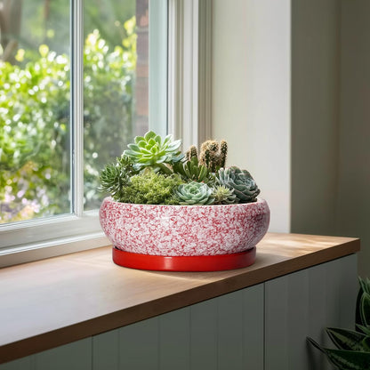 Bonsai Tree Pots 13 Inch - Ceramic Bonsai Pots with Drainage Hole and Tray, Large Succulent Planters Indoor, Round Bowl Planter Outdoor, Shallow Planter, Garden Decor, Plant Lover Gifts, Red