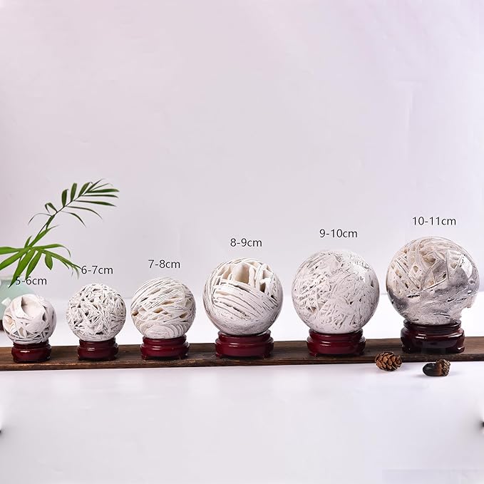 JIC Gem Natural Mexican White Agate Crystal Sphere with Wooden Stand Decorative Crystal Ball White Gemstone Sphere for Meditation,Feng Shui,Witch-Style Decor,Table 70-80mm