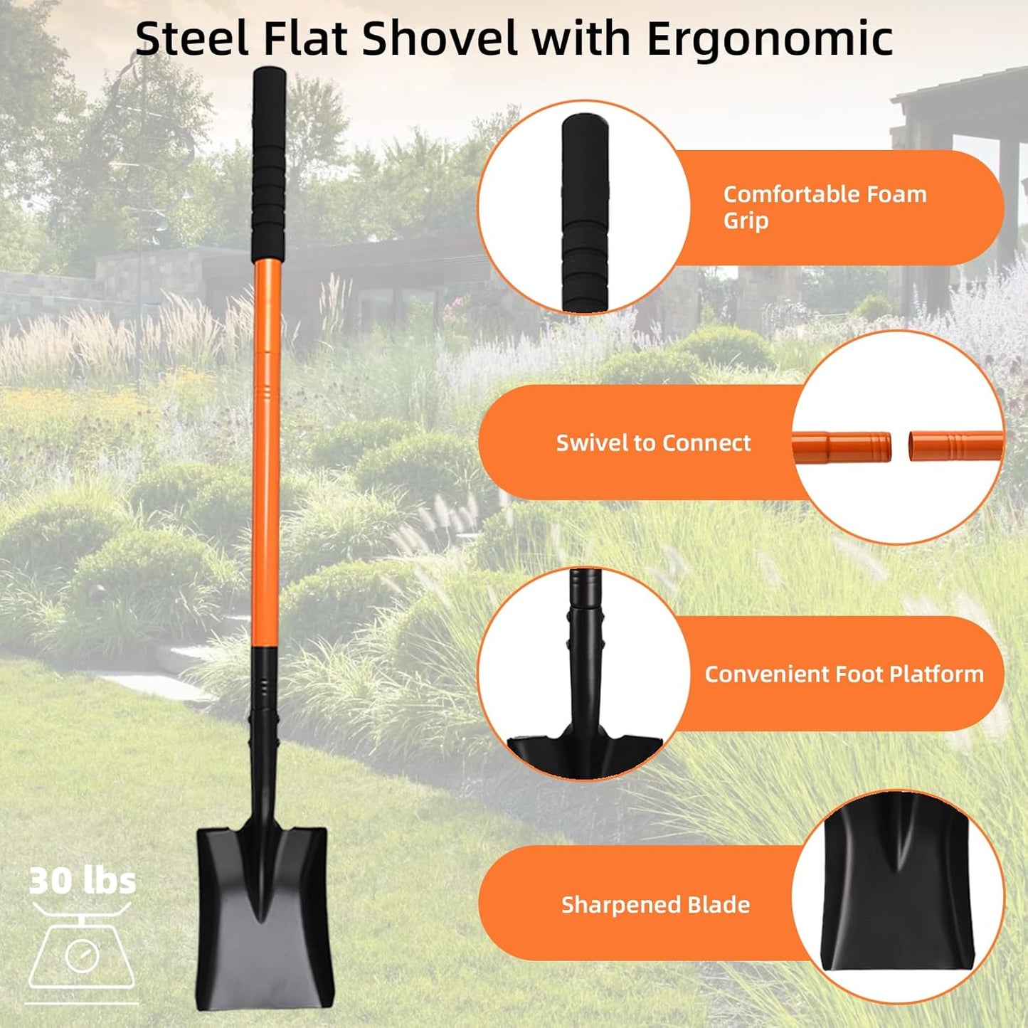Small Square Shovel 43.3Inches Heavy Duty Garden Tools with Metal Handle, Small Transfer Spade for Digging Camping Car Beach Shovel, Orange
