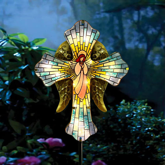 WAIU 33 Inch Solar Cross Garden Light Outdoor Decorative - Solar Acrylic Jesus and Metal Angel Wings Stake Light Waterproof Warm White LED for Remembrance Gifts & Sympathy Gifts.