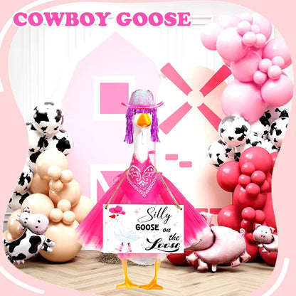 Cowboy Porch Goose Outfit Set for 23" Cement/Plastic Lawn Goose Statue - Silly Goose on The Loose Sign with Hat, Bandana, Lace Tutu Skirt Funny Wigs for Garden Party Yard Outdoor Decor