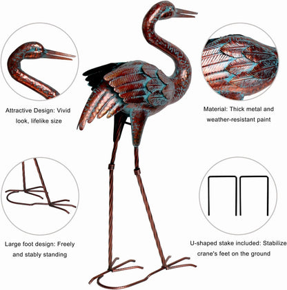 Natelf Garden Crane Statues for Outdoor Standing Patina Heron Decoy Yard Sculptures, Metal Bird Art Ornaments for Patio Lawn Pond Backyard Decorations