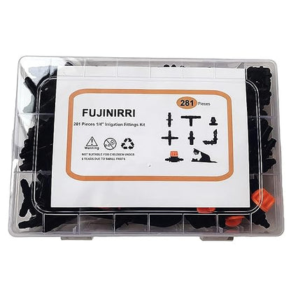 281 Pcs Irrigation Fittings Kit,1/4" Tubing Drip Irrigation Fittings,Irrigation Fittings Kit for Flowerpot Lawn(Straight Barbs,Single Barbs,Valves,Tubing Cutter,Tees,Elbows,End Plugs,4-Way Coupler).