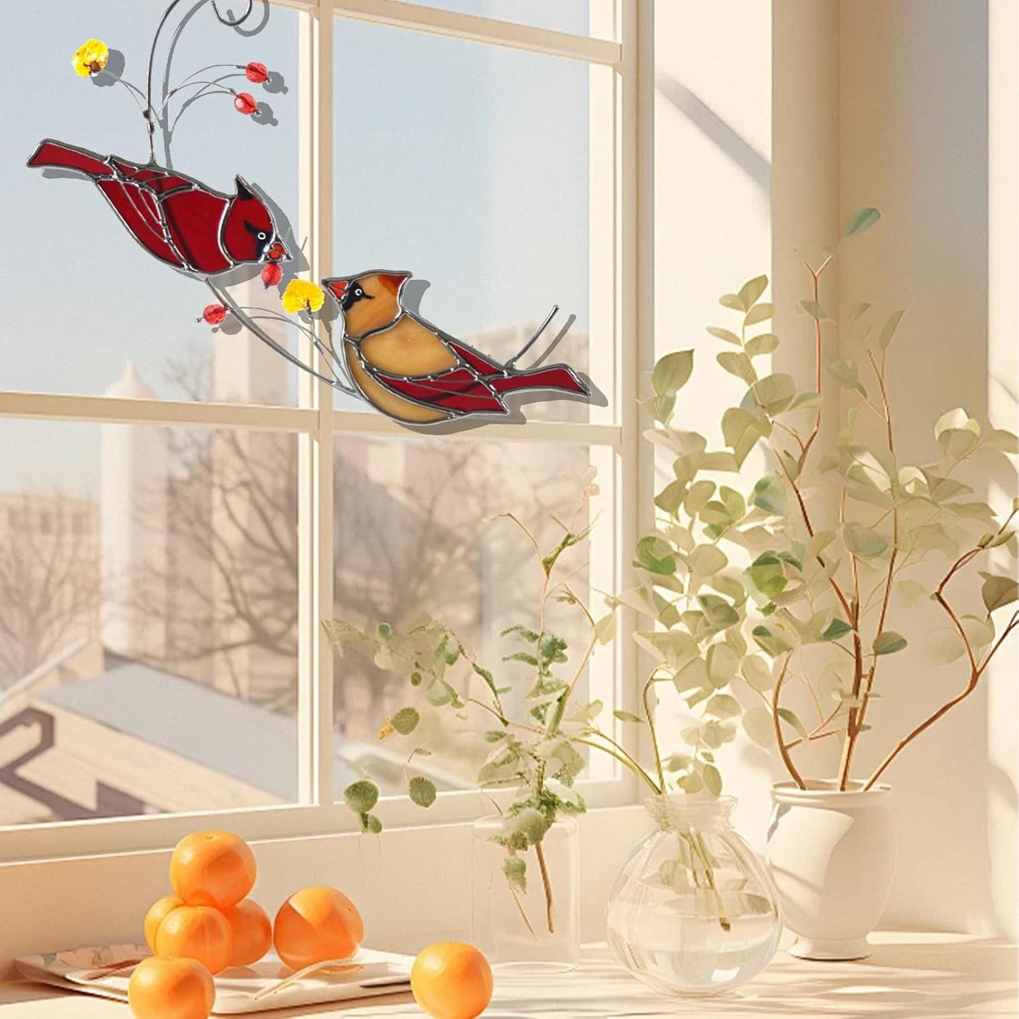 Cardinal Couple Suncatcher, Stained Glass Window Hanging,Sun Catchers Indoor Bird Decor, Garden Decor Ornaments Memorial Gifts for Women Red Birds Wall Hangings with Suction Cup