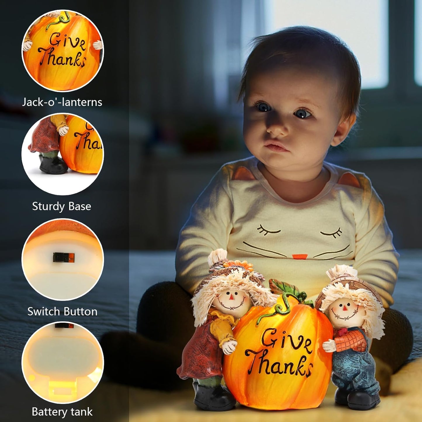 Hodao Fall Thanksgiving Resin Scarecrow Pumpkin Figurines - Adorable Scarecrow Embrace Pumpkin Decorations for Home Indoor Table Decor-Fall Thanksgiving Gifts