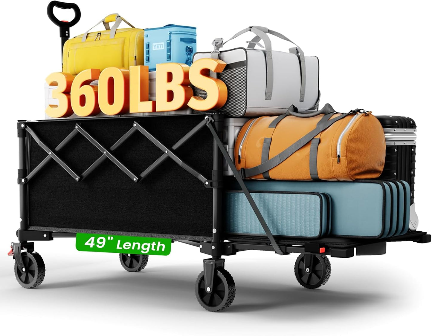 Extra Large Foldable Wagons Extended Clearance, 250L Collapsible Wagon with Tailgate, 49”L Folding Wagons with Brakes, Grocery Wagon, Utility Cart for Sports, Shopping, and Camping, Black