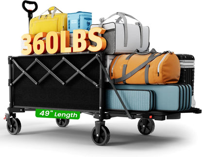Extra Large Foldable Wagons Extended Clearance, 250L Collapsible Wagon with Tailgate, 49”L Folding Wagons with Brakes, Grocery Wagon, Utility Cart for Sports, Shopping, and Camping, Black