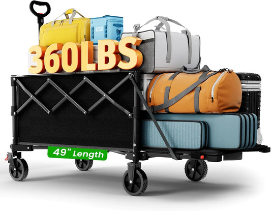 Extra Large Foldable Wagons Extended Clearance, 250L Collapsible Wagon with Tailgate, 49”L Folding Wagons with Brakes, Grocery Wagon, Utility Cart for Sports, Shopping, and Camping, Black